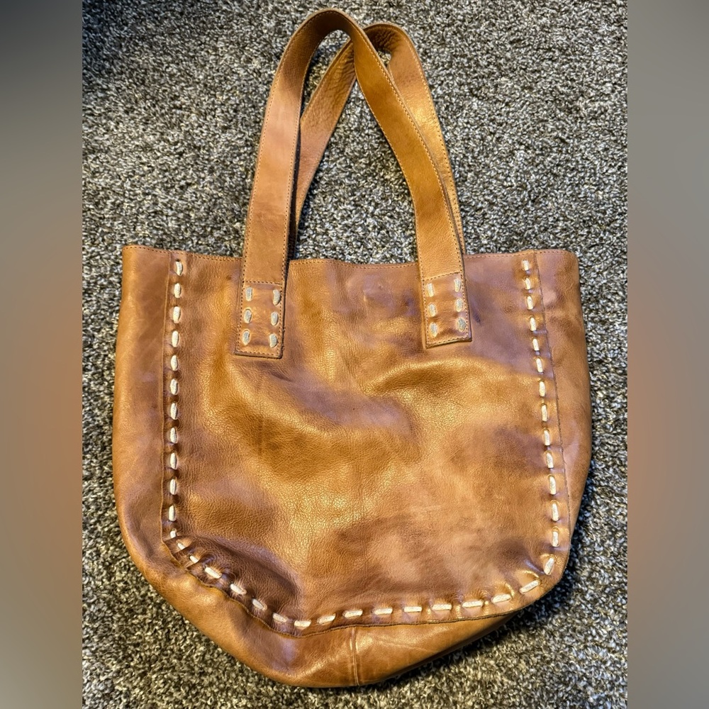 Bed Stu Brown Leather Tote with Stitch Detail